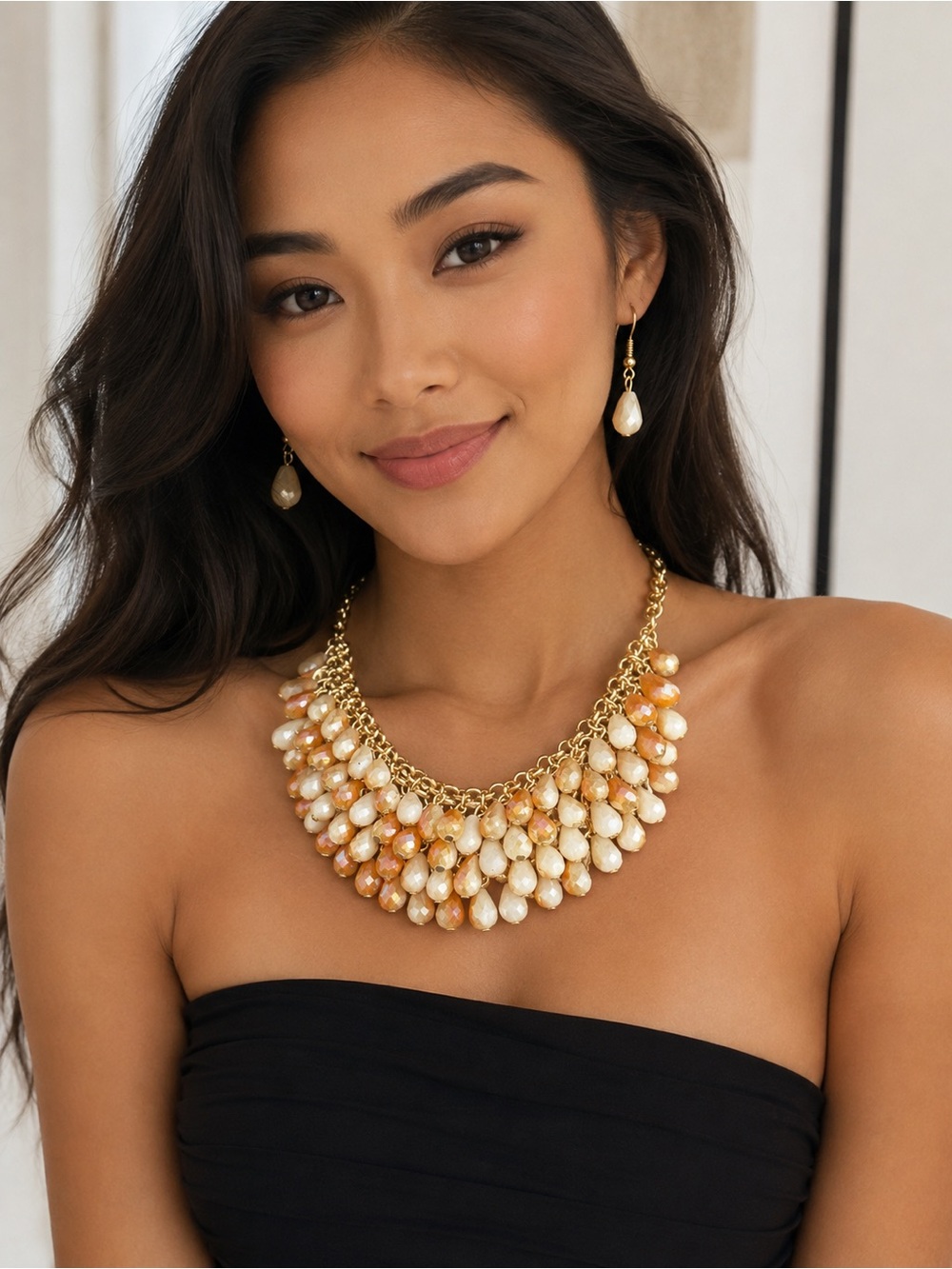 Gold Cluster Teardrop Beads Statement Necklace and earrings set